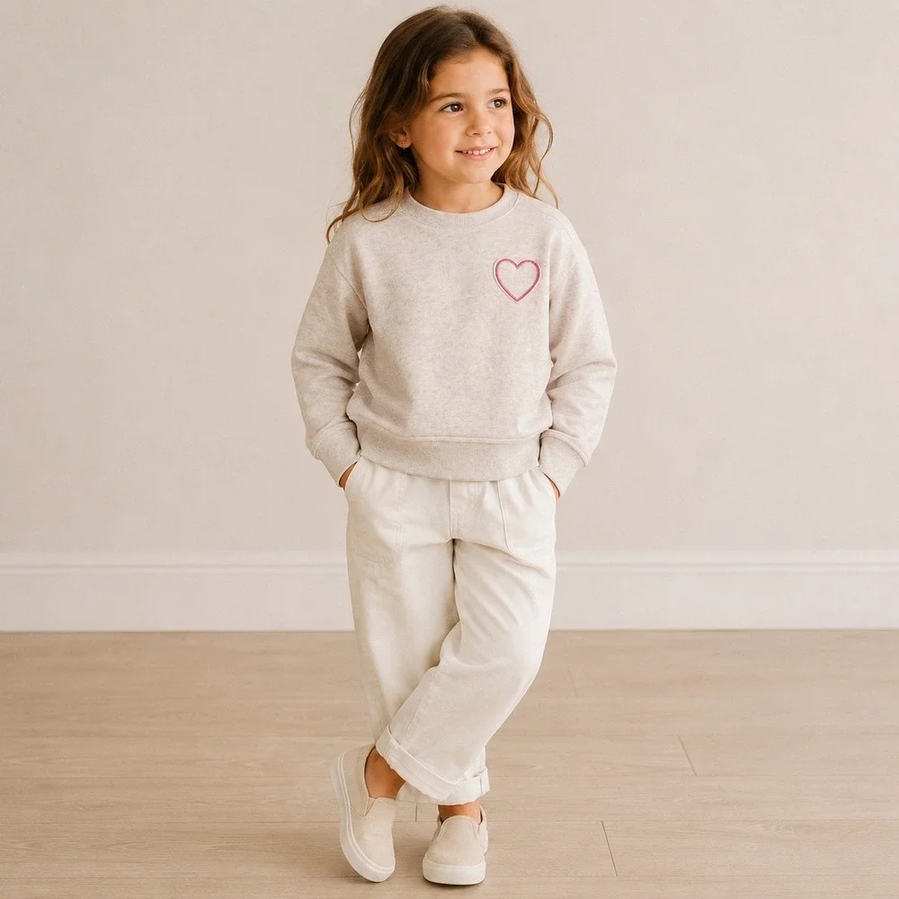Cat & Jack Kids Oatmeal Heather Heart Embroidered‎ Pullover Sweatshirt S 6/7 NEW